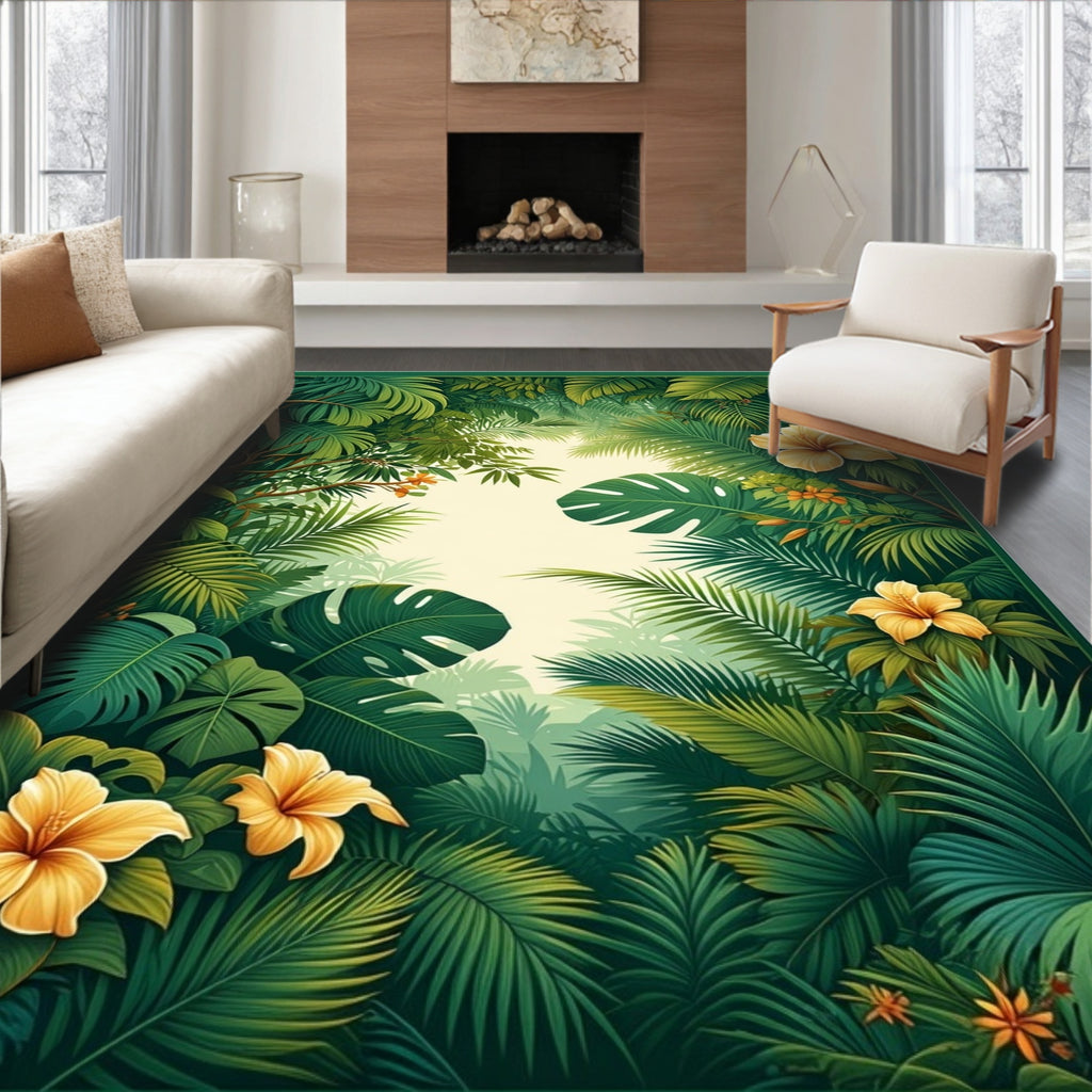 Lush Tropical Greenery Hibiscus Flowers Rug
