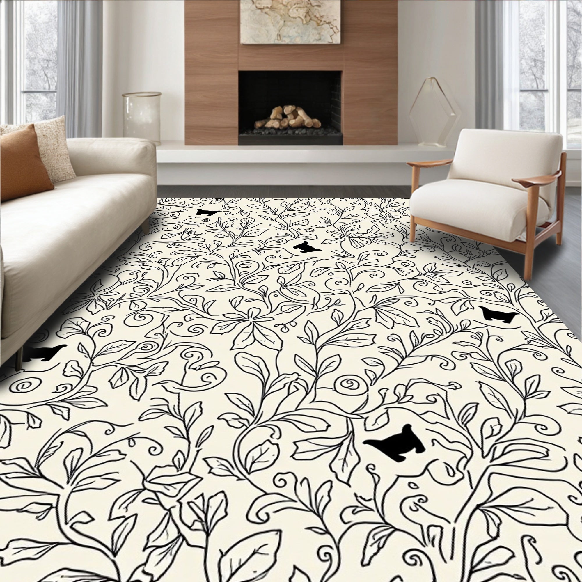 Black Cat Vine Garden Pattern Rug