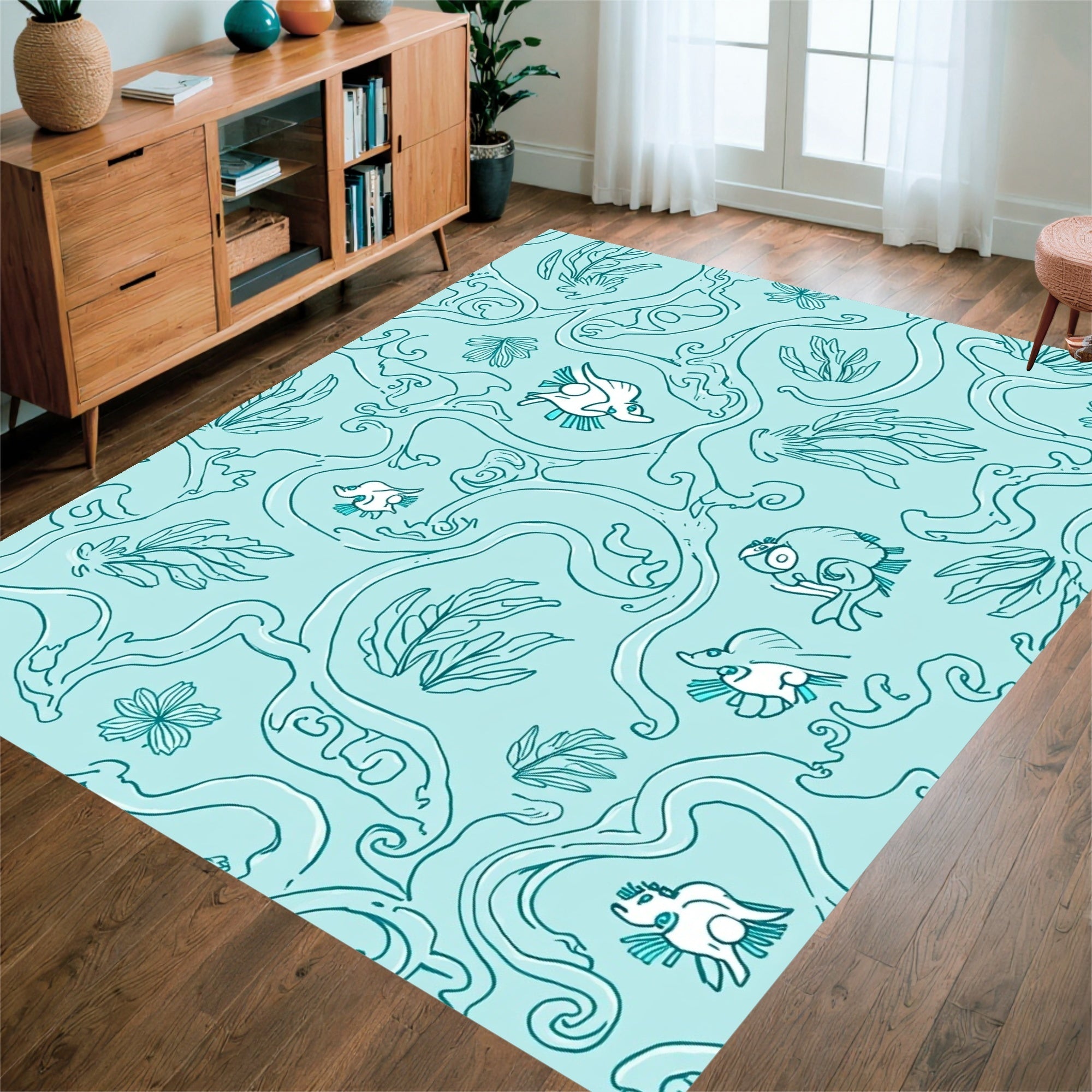 Whimsical Aquatic Life Flora Pattern Rug