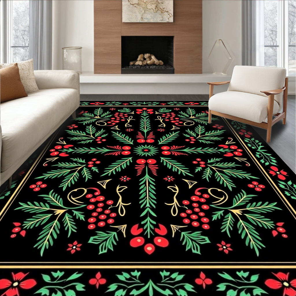 Folk Red Berry Green Leaf Accents Rug