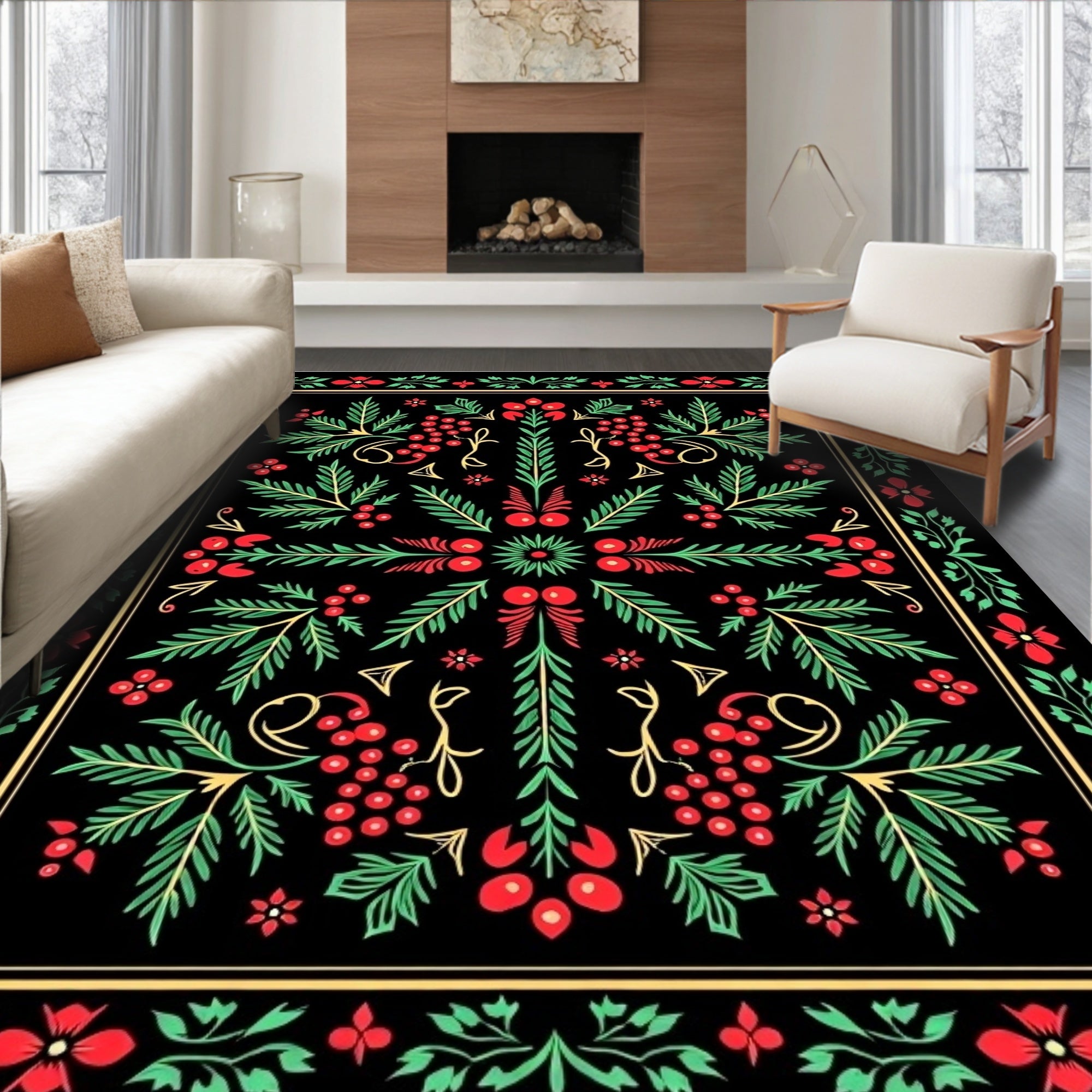 Folk Red Berry Green Leaf Accents Rug