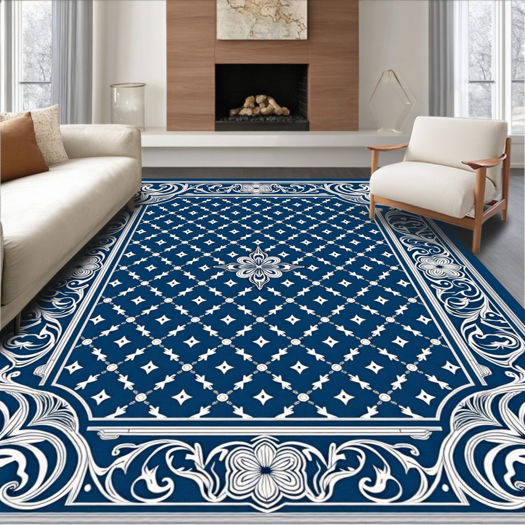 Classic Blue White Medallion Ornamental Rug
