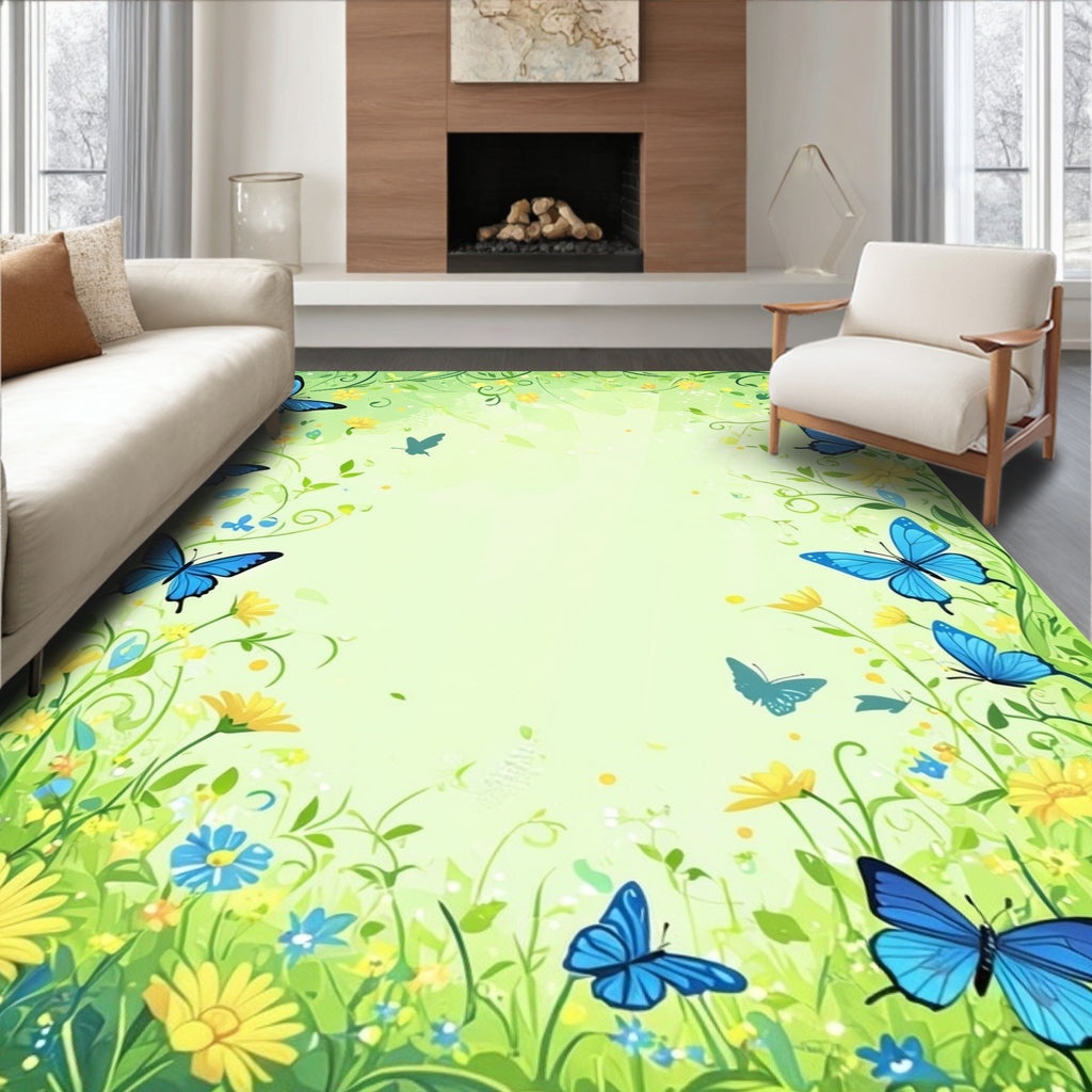 Whimsical Blue Butterflies Garden Scene Rug