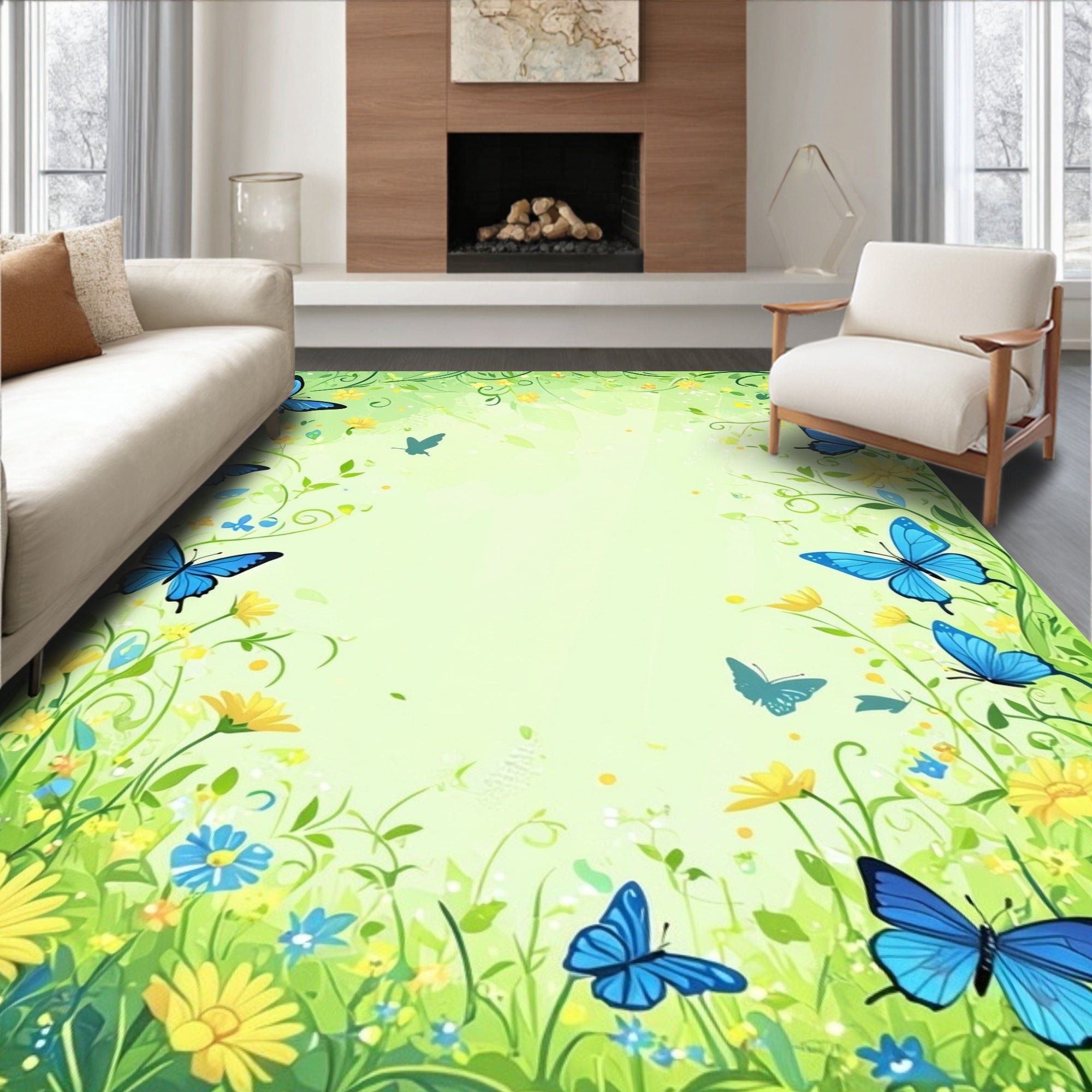 Whimsical Blue Butterflies Garden Scene Rug