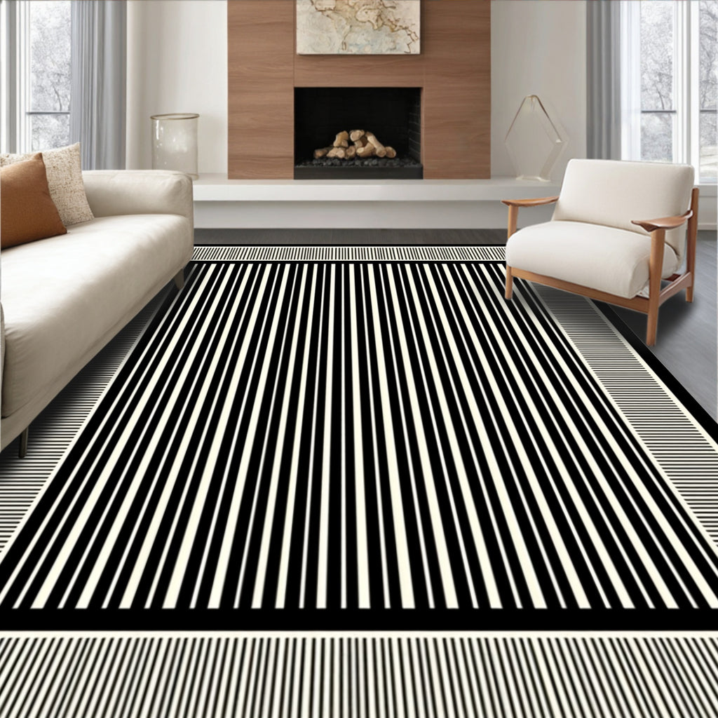 Bold Black White Stripe Design Rug