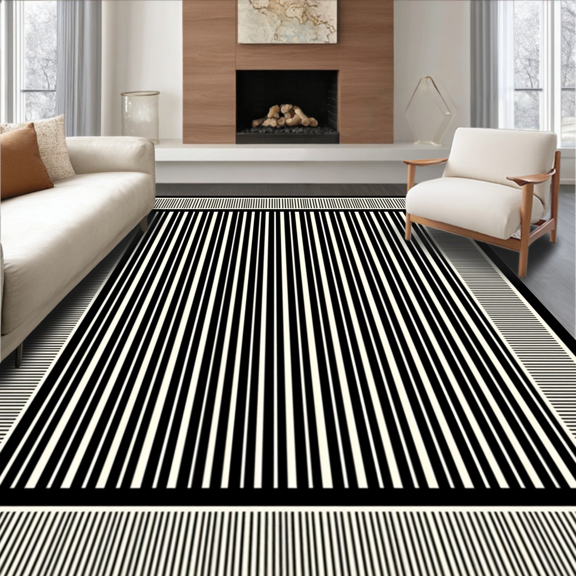 Bold Black White Stripe Design Rug