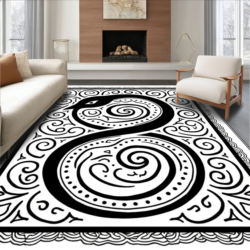 Serpent Black White Scroll Design Rug
