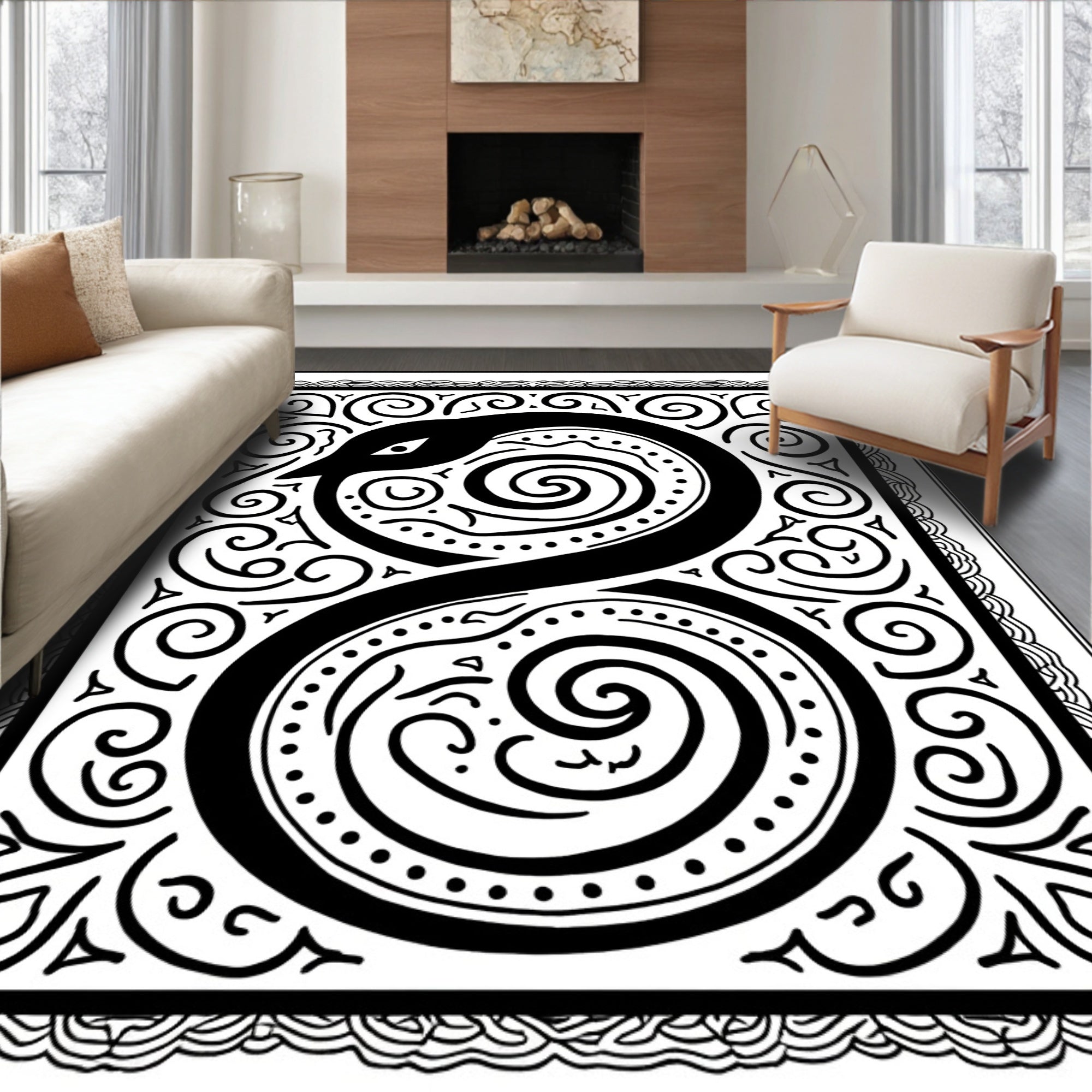 Serpent Black White Scroll Design Rug