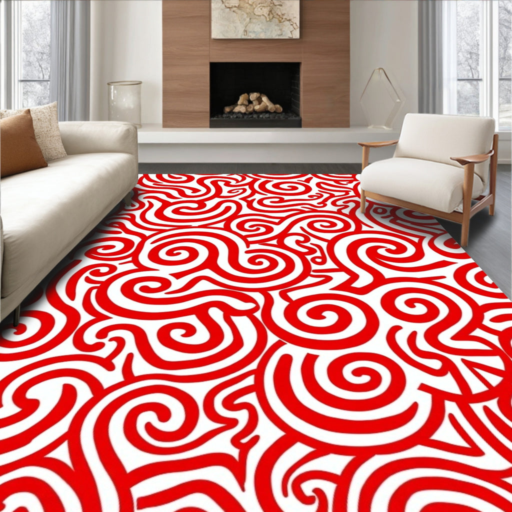 Vibrant Red Swirl Ribbon Artwork Rug