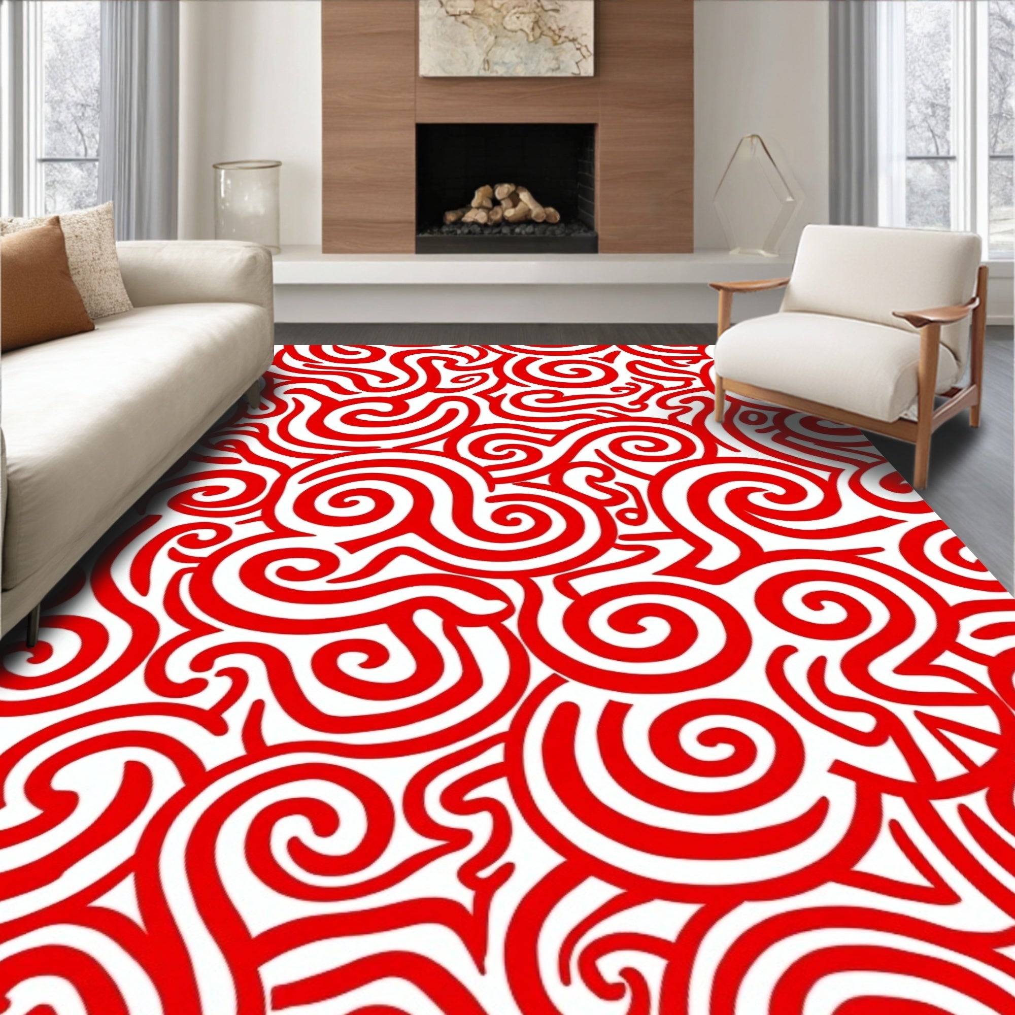 Vibrant Red Swirl Ribbon Artwork Rug