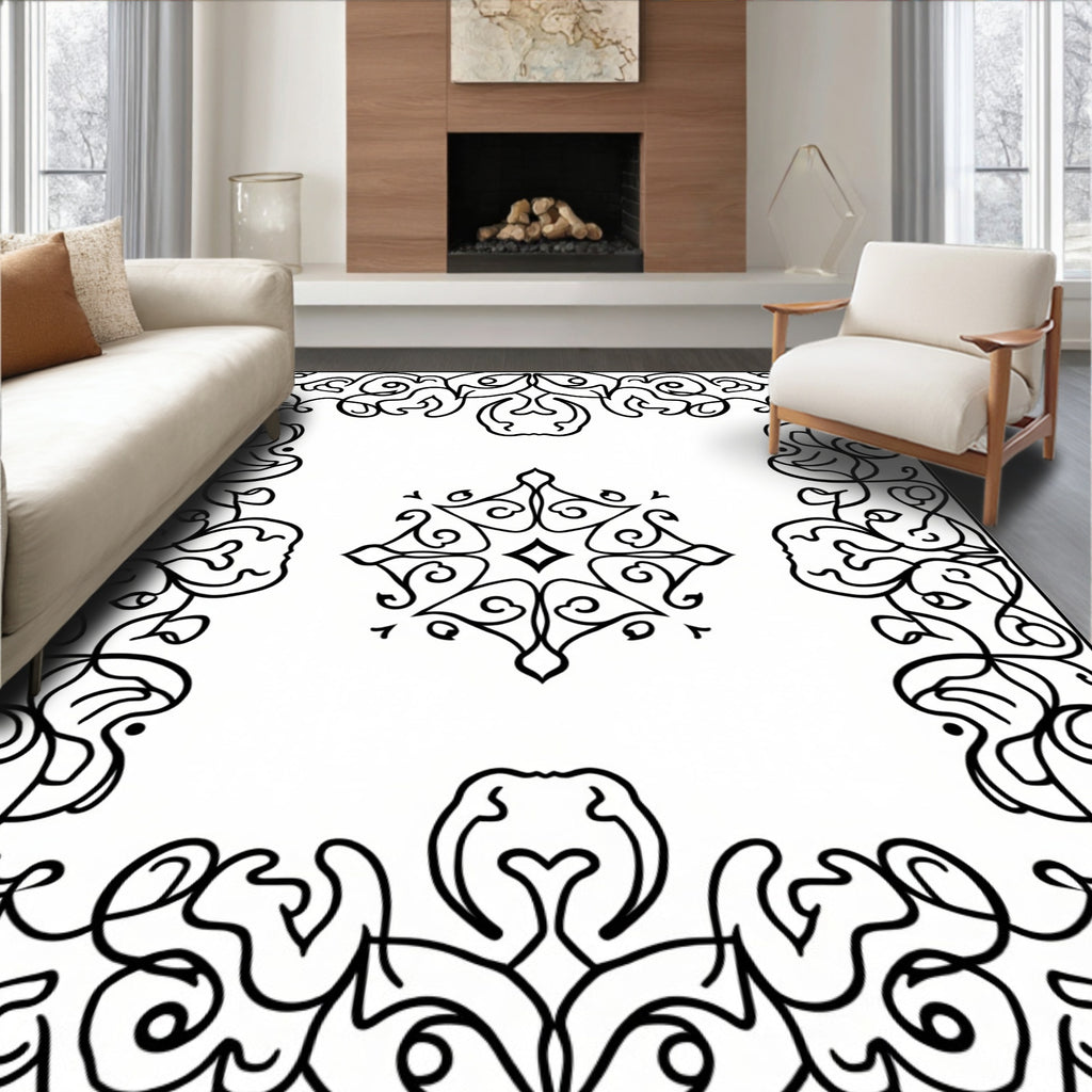 Ornate Black Scrollwork Medallion Border Rug