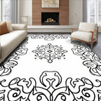 Ornate Black Scrollwork Medallion Border Rug