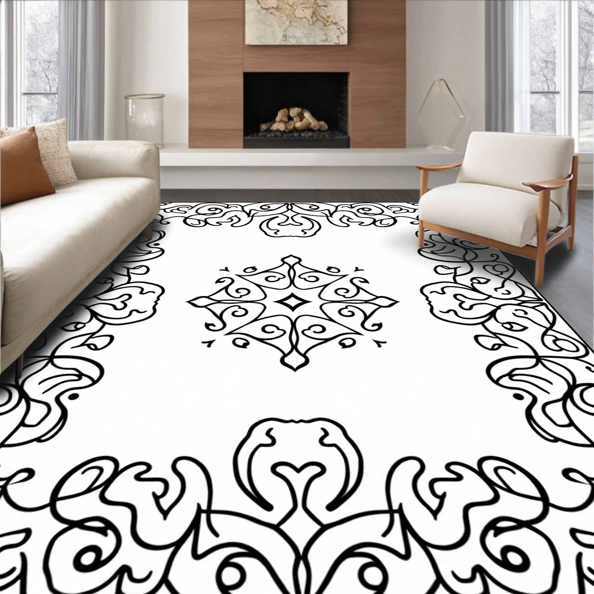 Ornate Black Scrollwork Medallion Border Rug