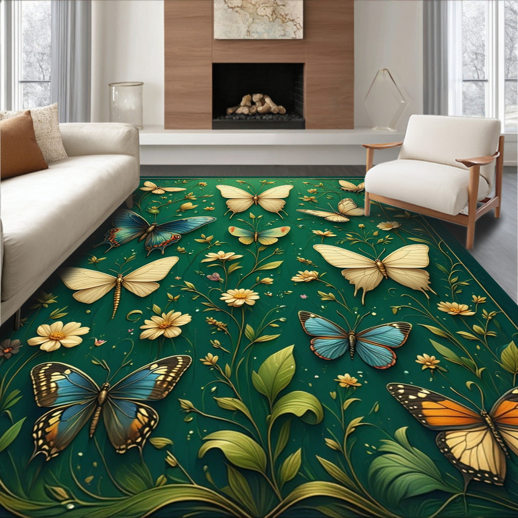 Green Floral Butterfly Art Design Rug