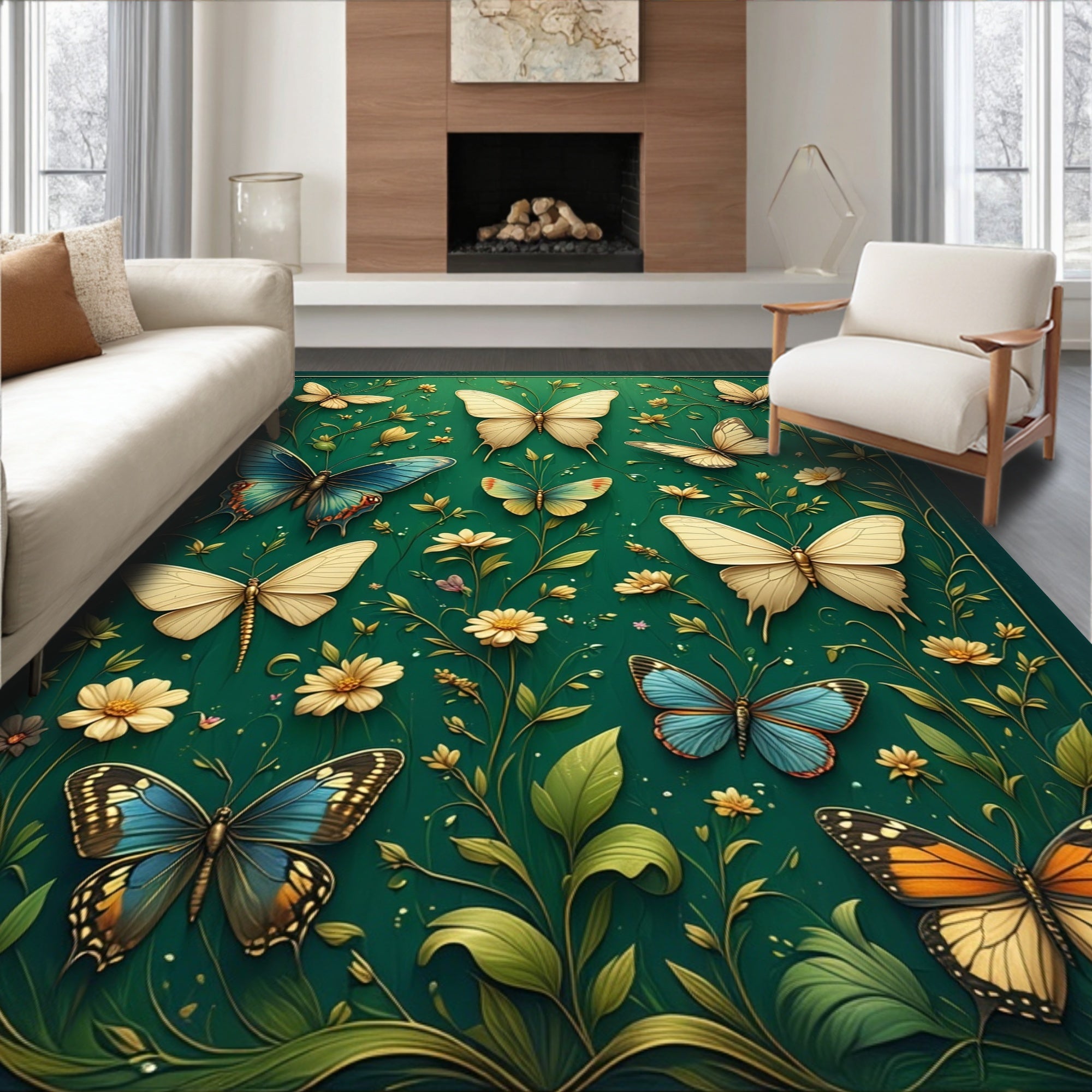 Green Floral Butterfly Art Design Rug