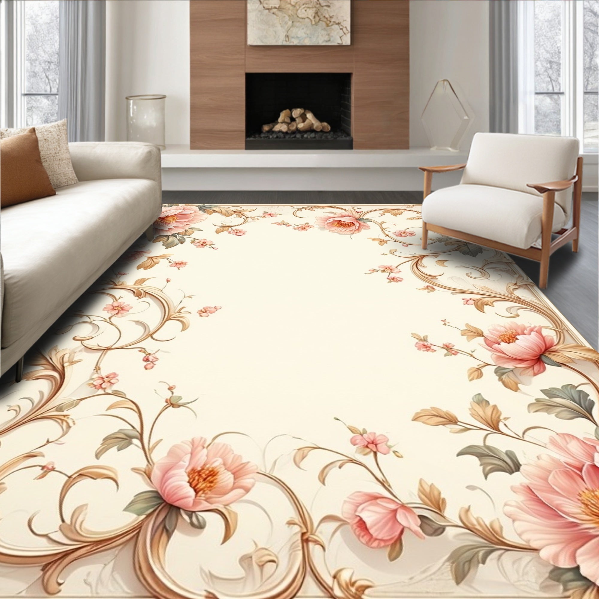 Romantic Floral Scrollwork Pattern Rug