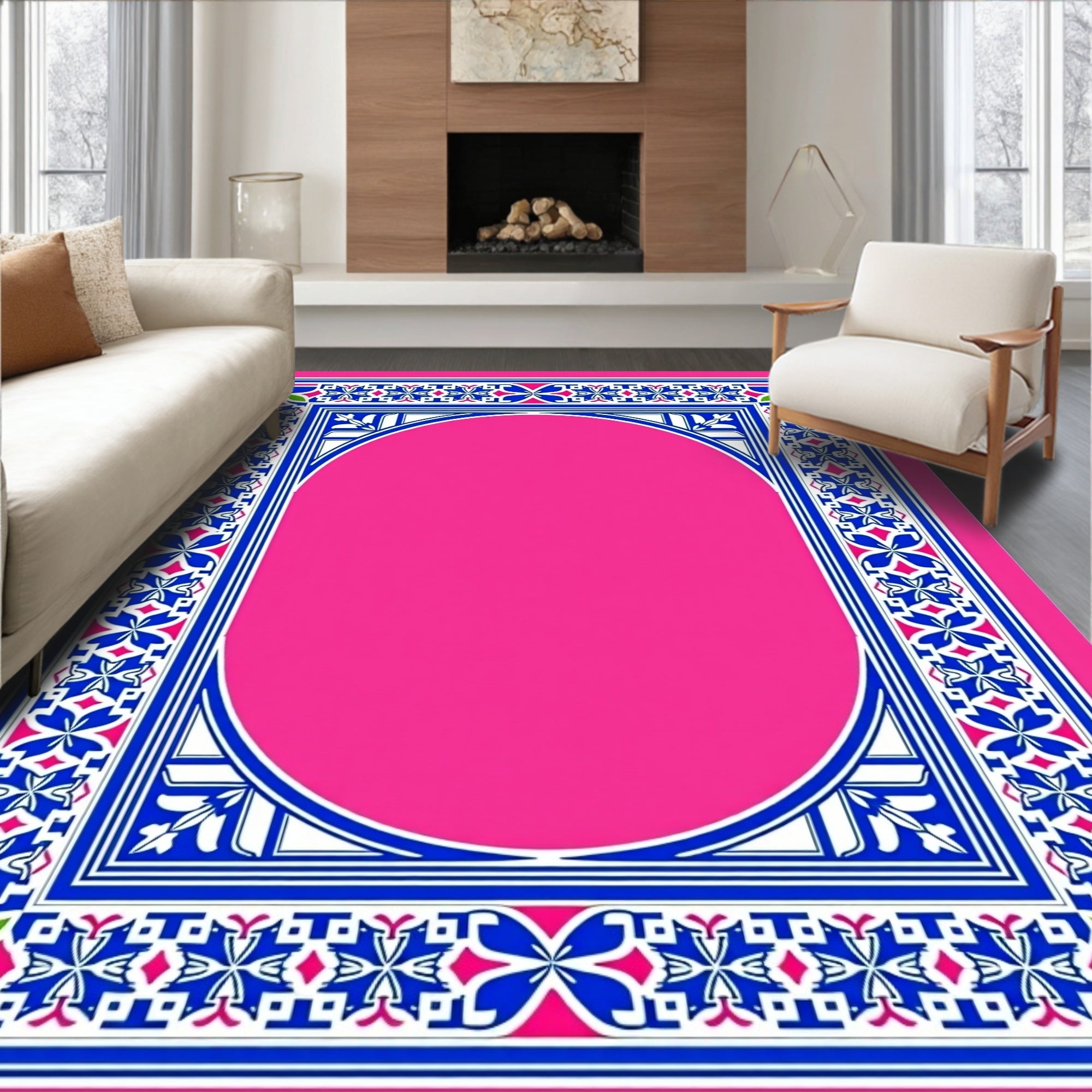 Vibrant Pink Jewel Border Oval Rug