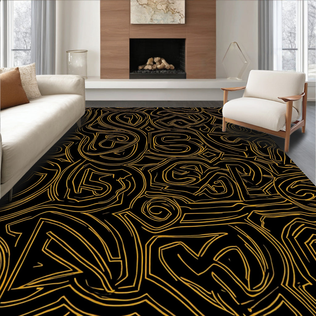 Black Gold Abstract Curvy Lines Design Rug