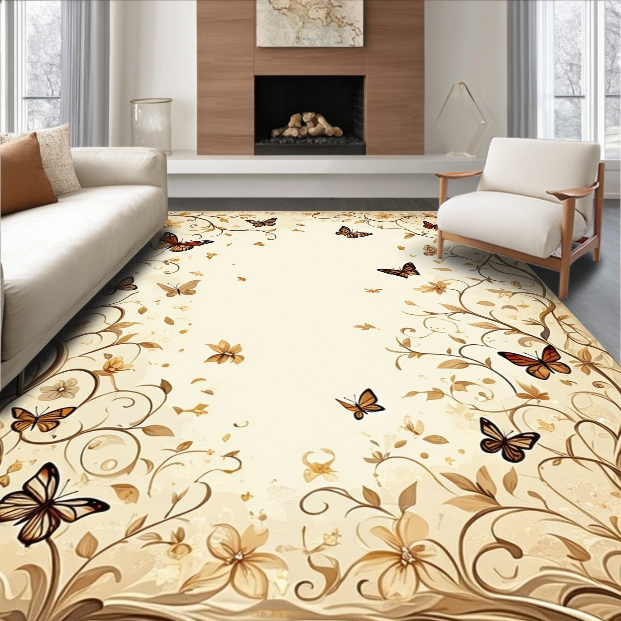 Butterflies In Earthy Tones Floral Vines Rug