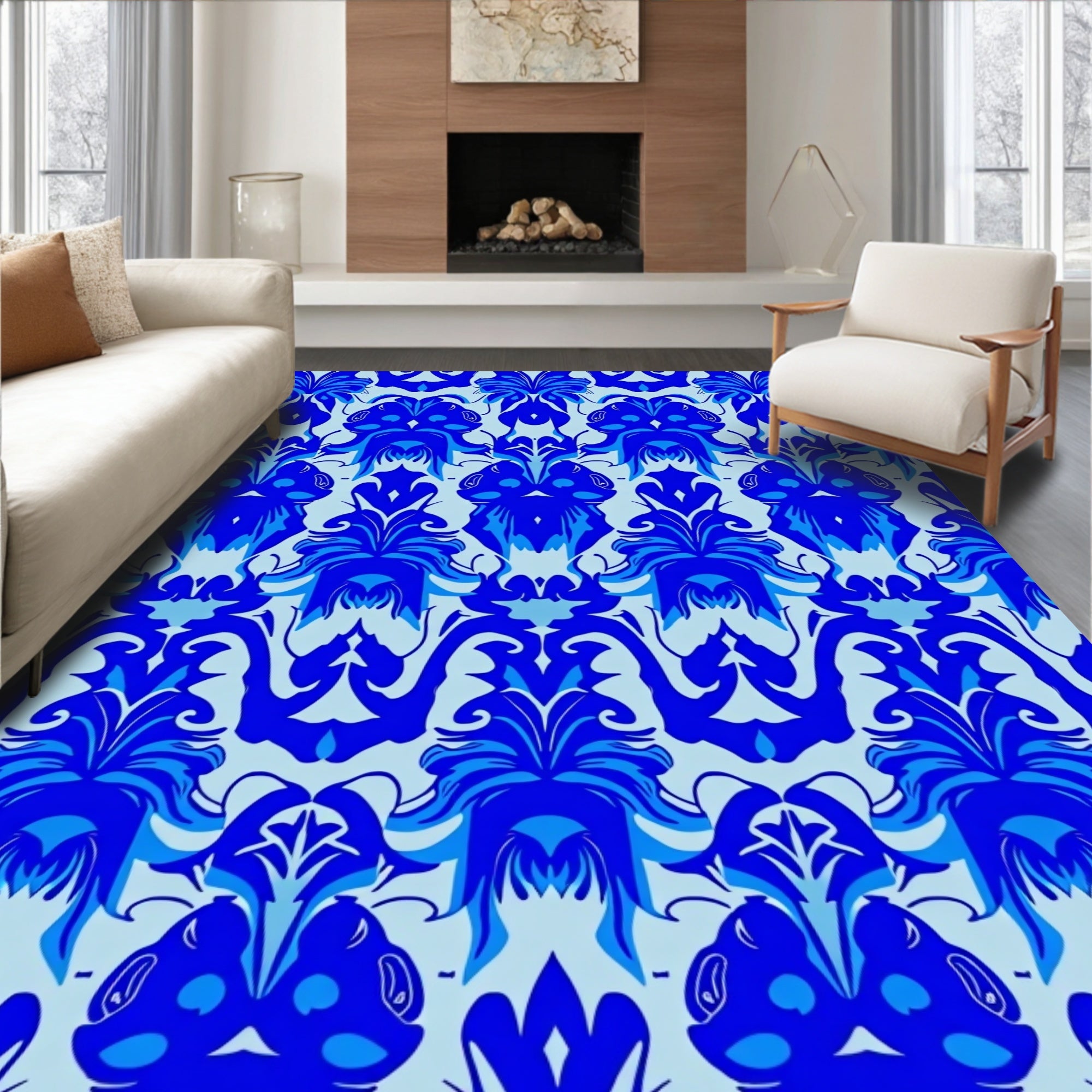 Ornate Blue Baroque Style Pattern Rug