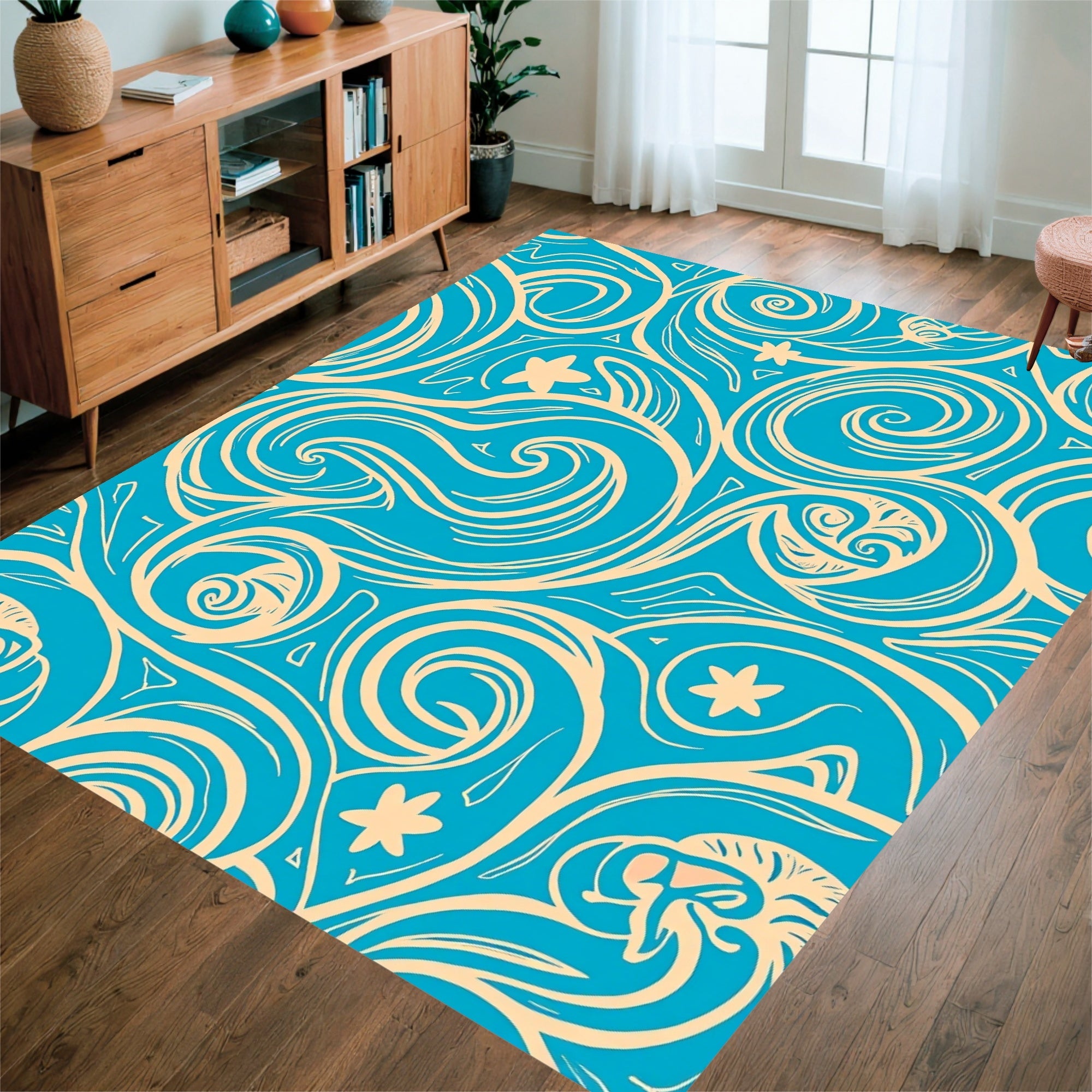 Aqua Swirls And Abstract Stars Rug