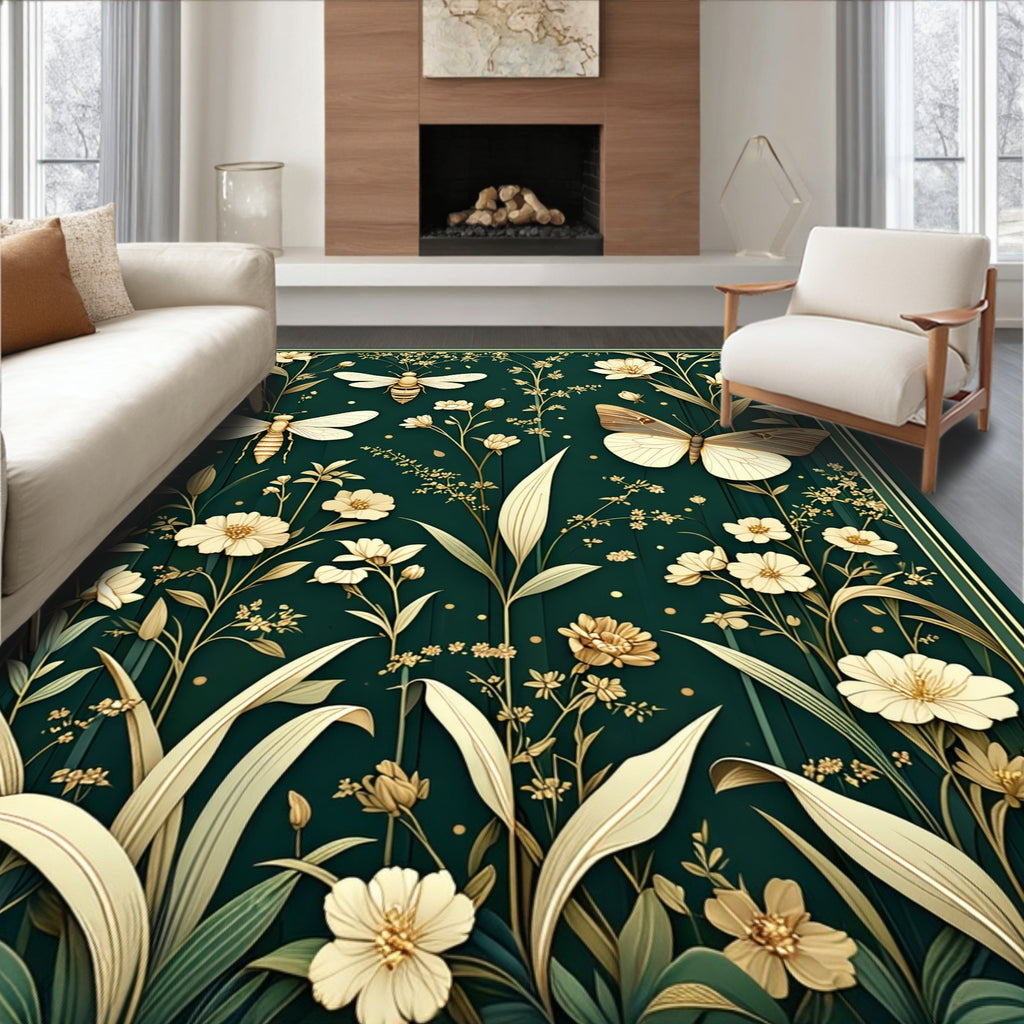 Golden Floral Insect Garden Design Rug