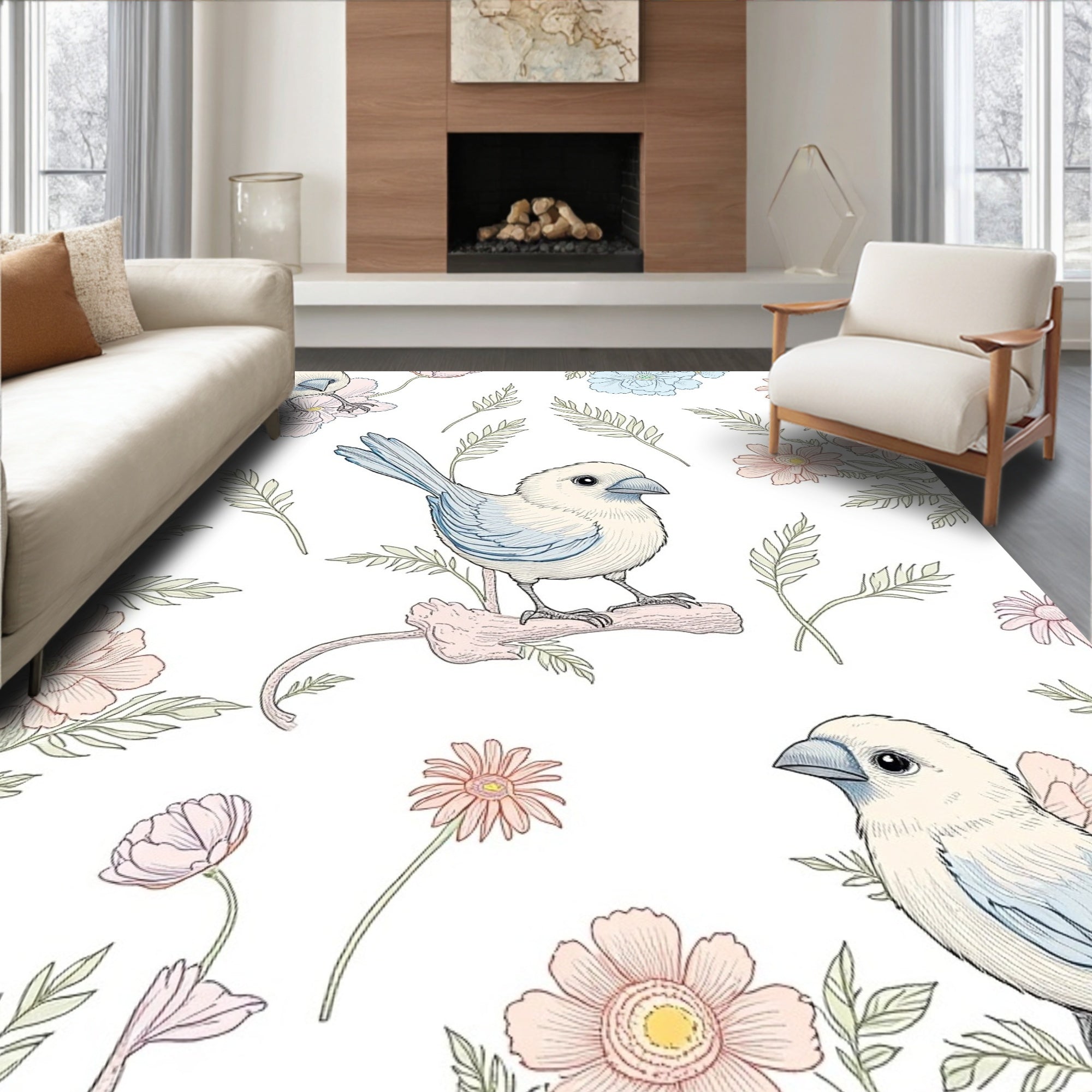 Whimsical Bird Floral Pattern Rug