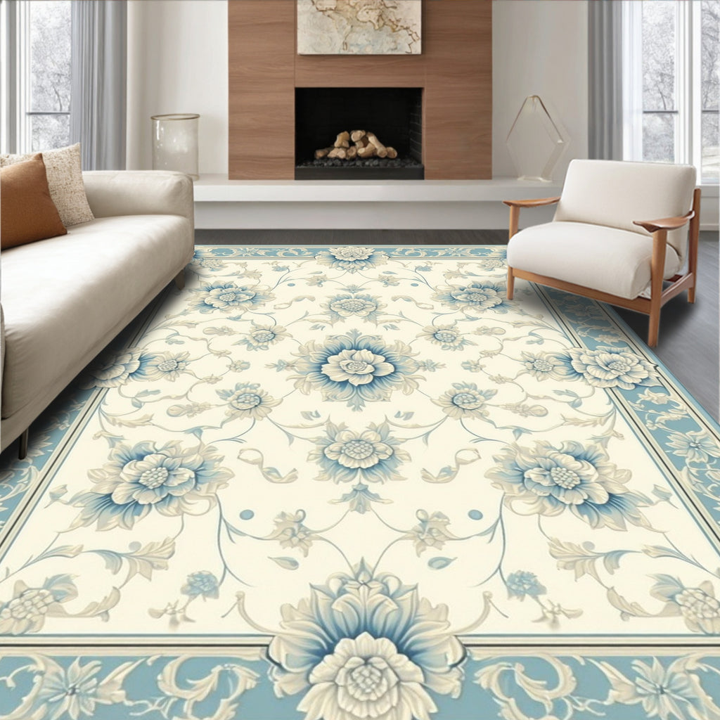Classic Blue Floral Scrollwork Area Rug