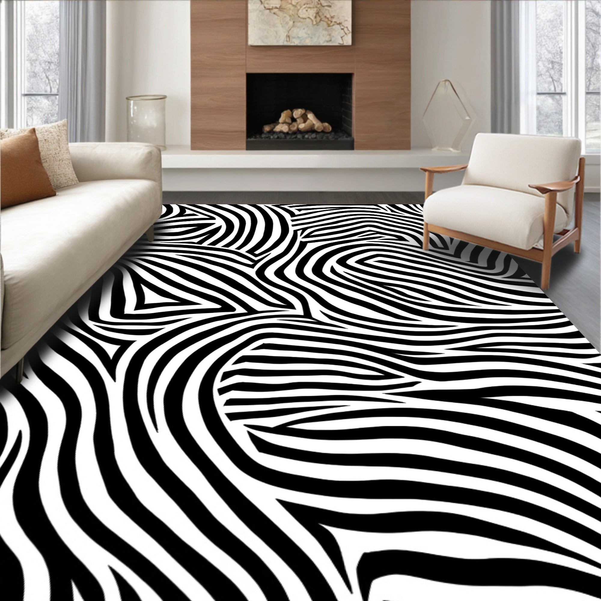 Bold Black White Abstract Stripes Rug