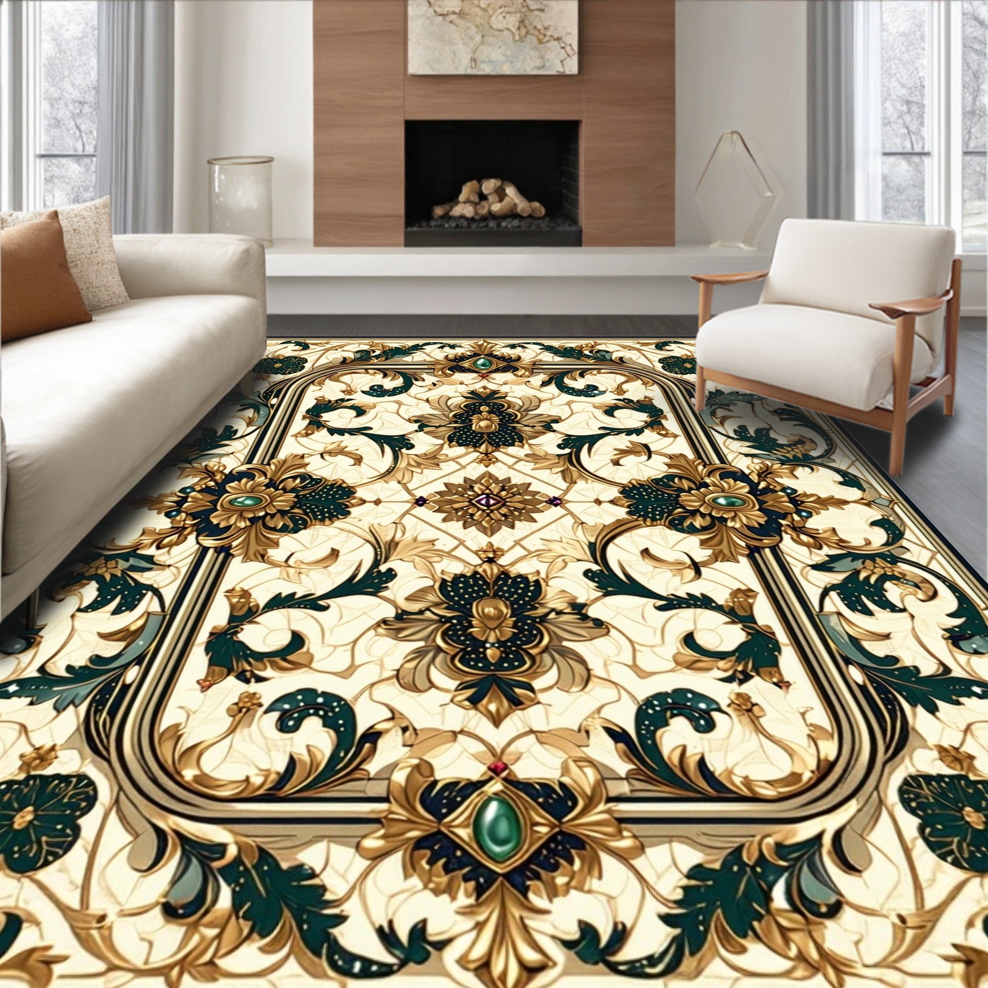 Ornate Floral Patterned Gold And Emerald Rug
