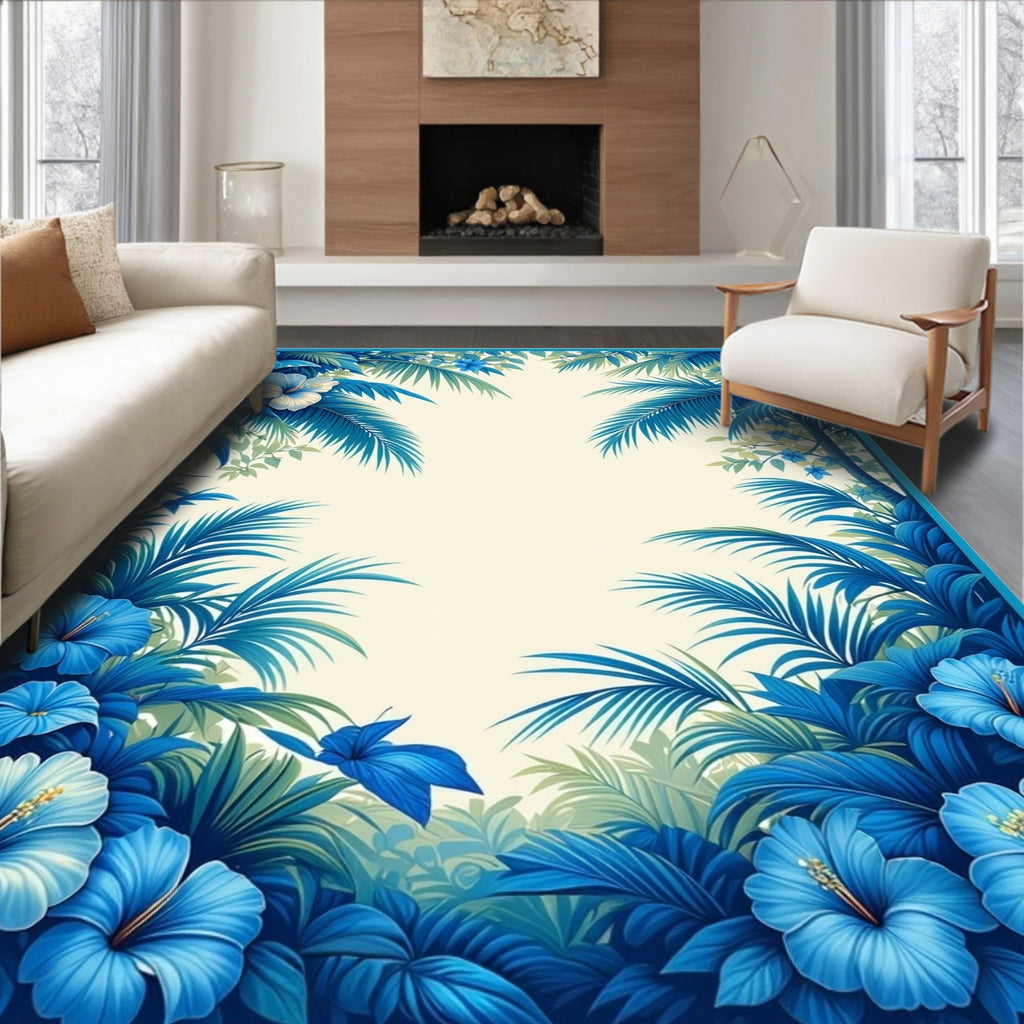 Vibrant Blue Tropical Floral Palm Design Rug