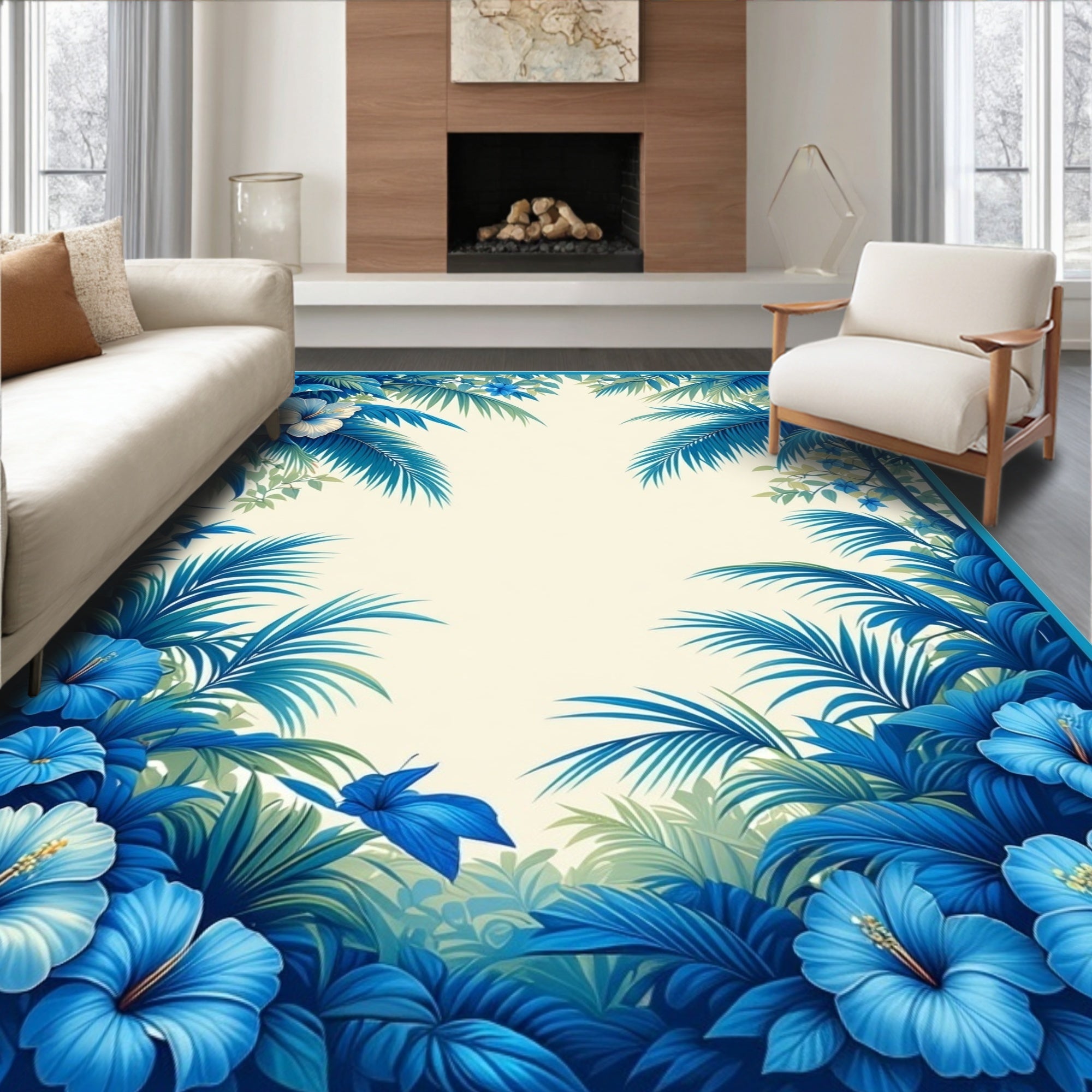 Vibrant Blue Tropical Floral Palm Design Rug