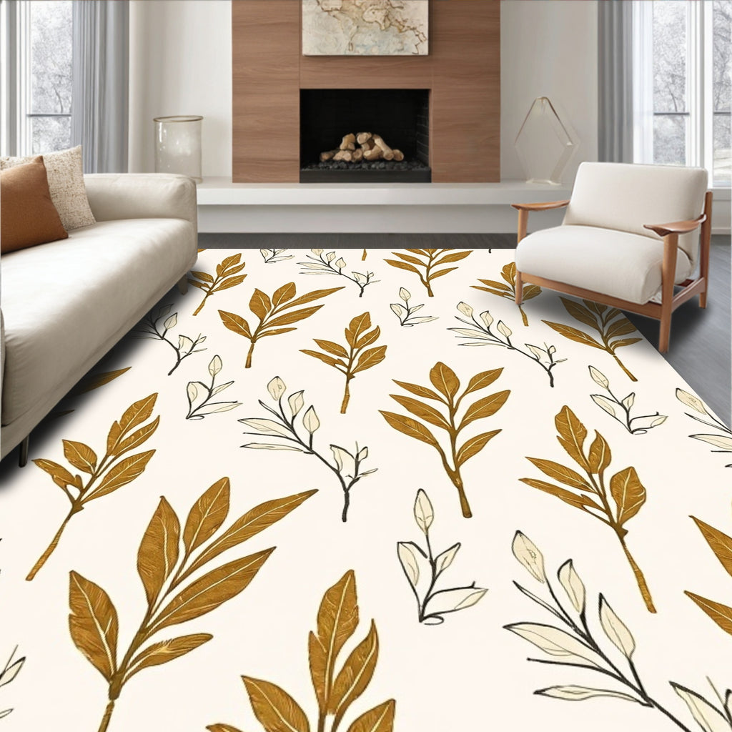 Golden Leafy Branch Pattern Rug