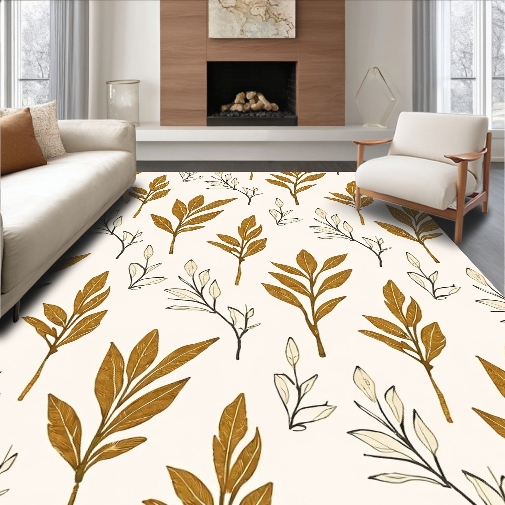 Golden Leafy Branch Pattern Rug