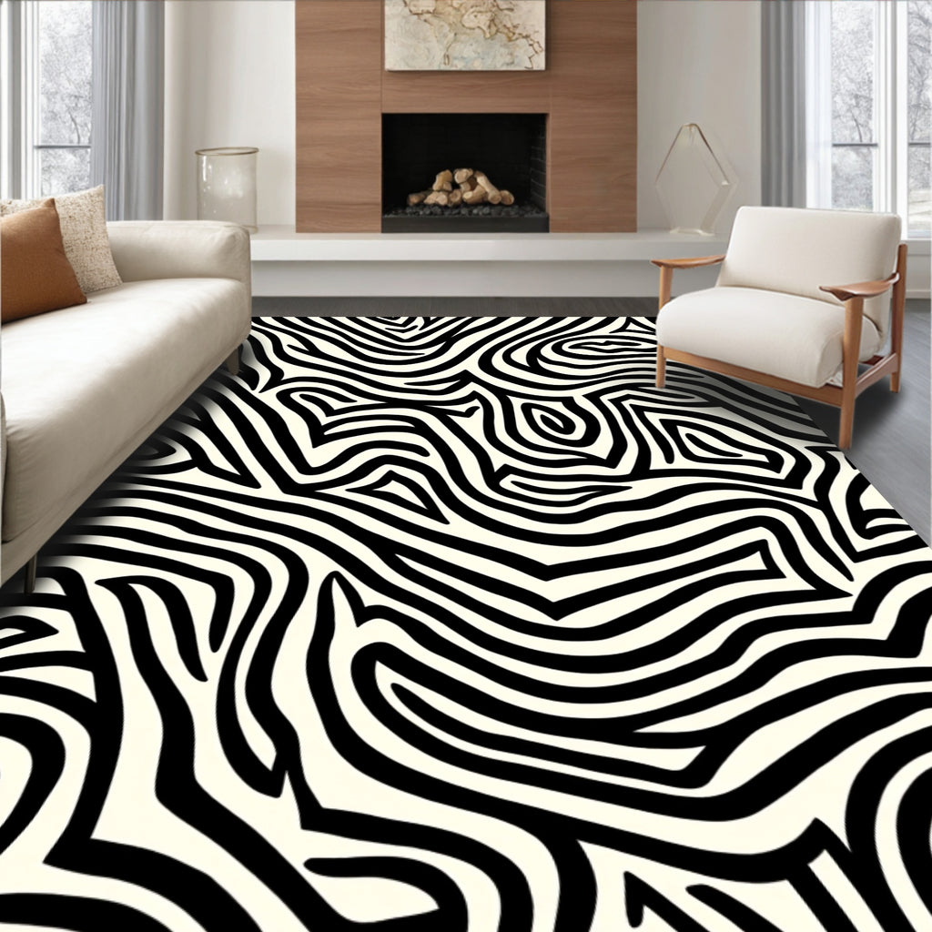 Abstract Black White Wavy Lines Design Rug