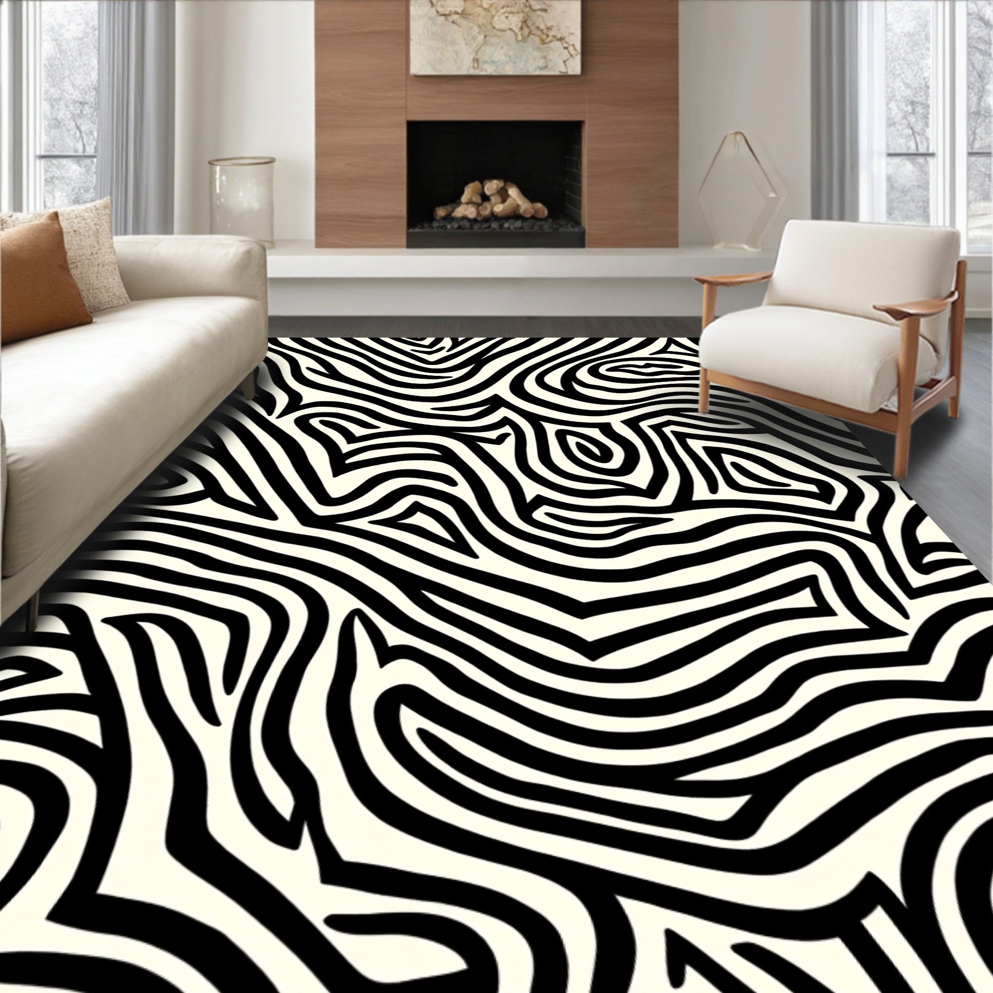 Abstract Black White Wavy Lines Design Rug