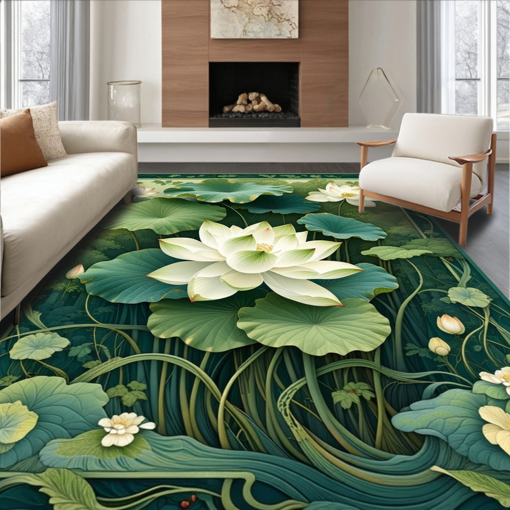 Serene White Lotus Water Garden Rug