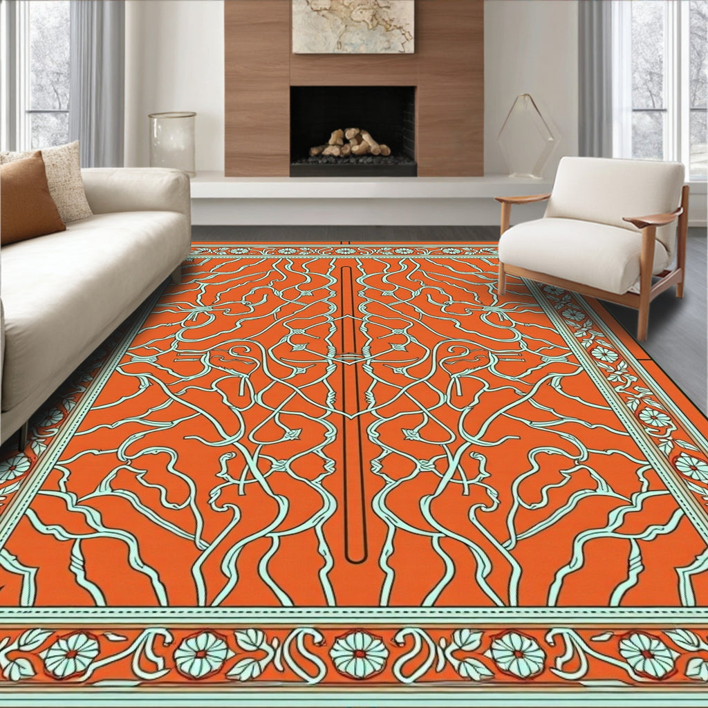 Orange Cyan Vine Mandala Rug