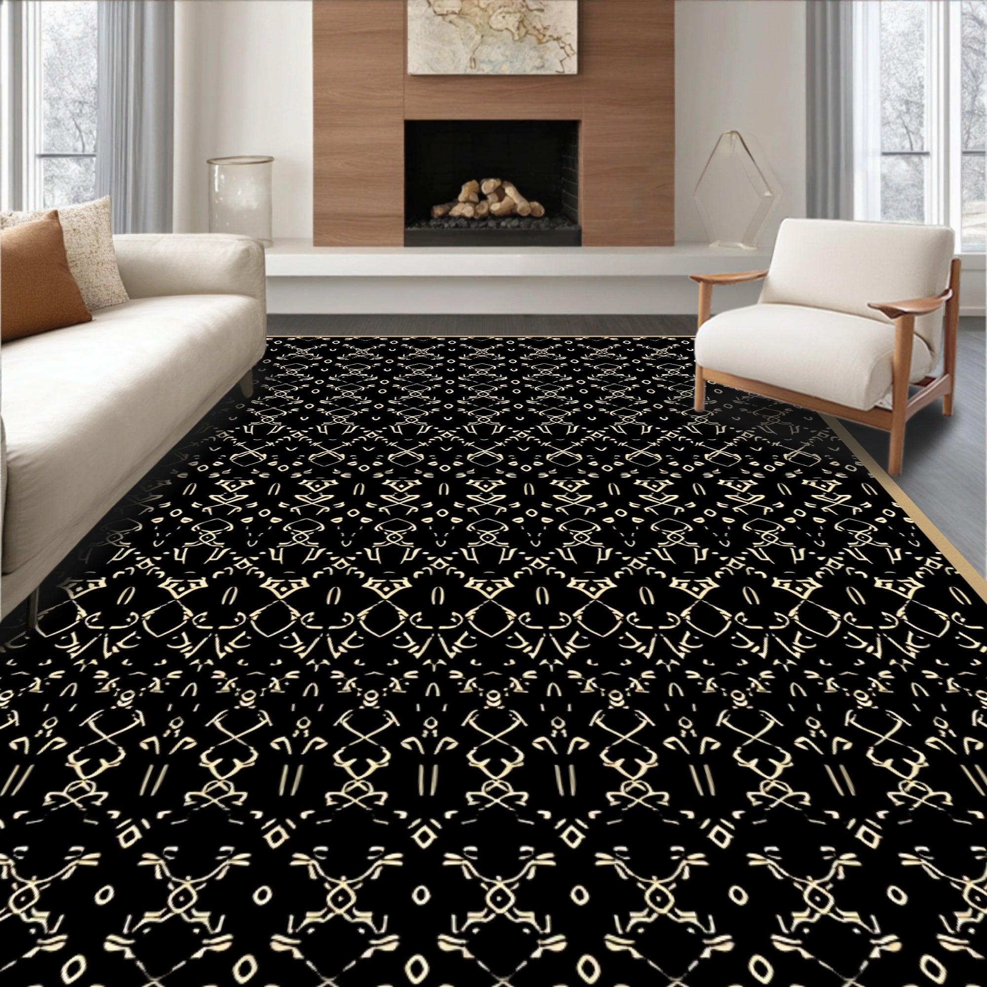 Ornate Black Gold Ornamental Design Rug