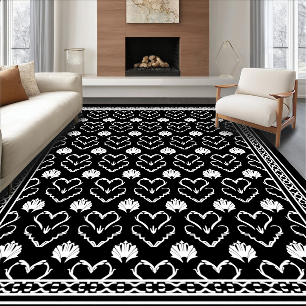 White Ornamental Hearts On Black Rug