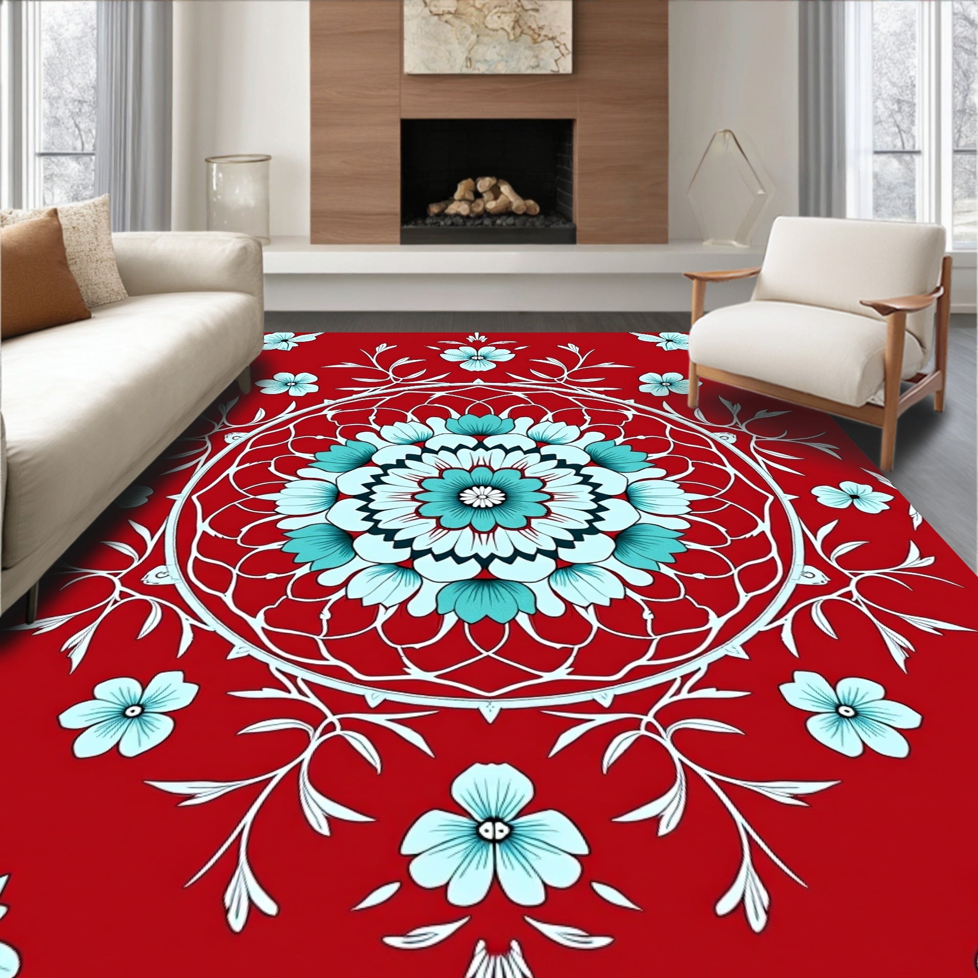Red Floral Mandala Pattern Rug