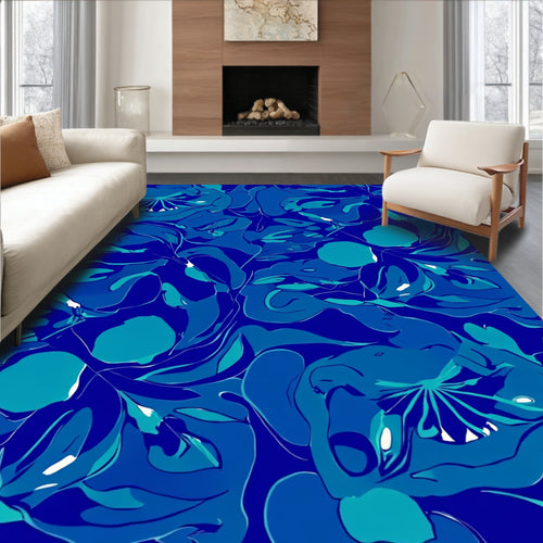 Abstract Blue Floral Swirl Design Rug