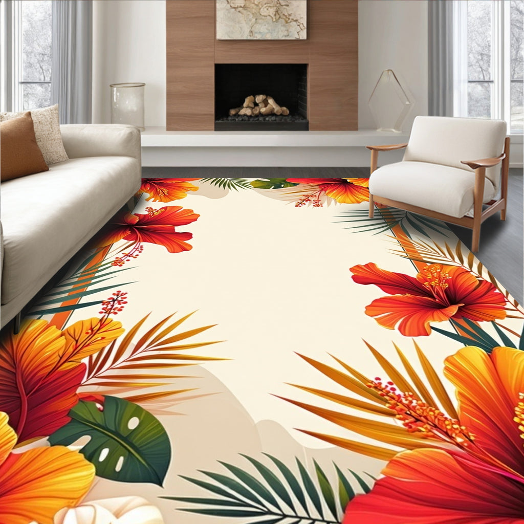 Vibrant Hibiscus Tropical Floral Design Rug