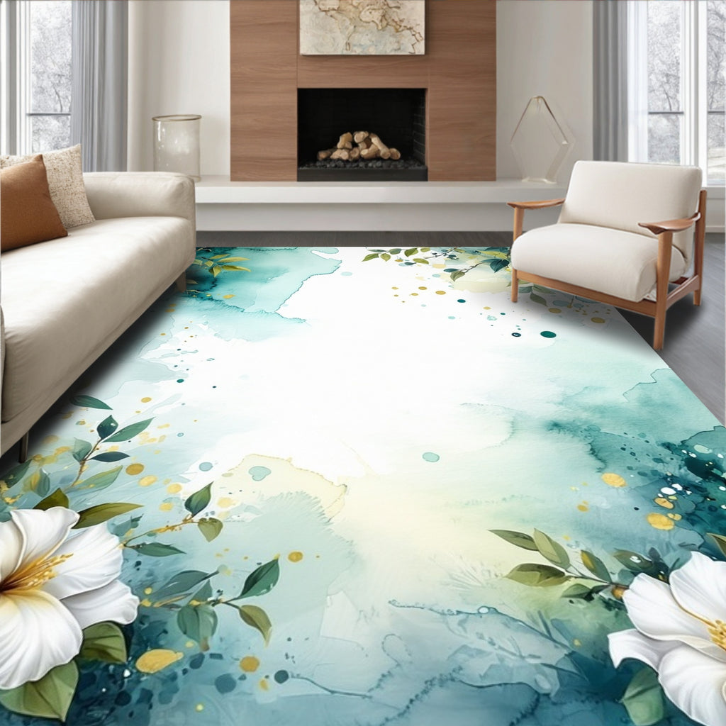 Coastal Watercolor Floral Botanical Design Rug
