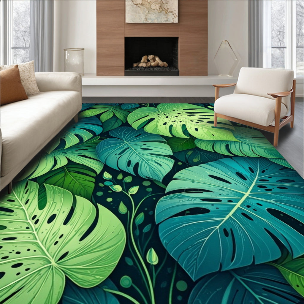 Lush Green Leaf Tropical Pattern Rug