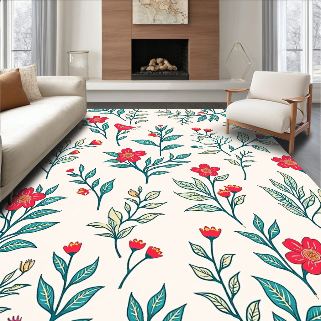 Scarlet Floral Bird Branch Pattern Rug