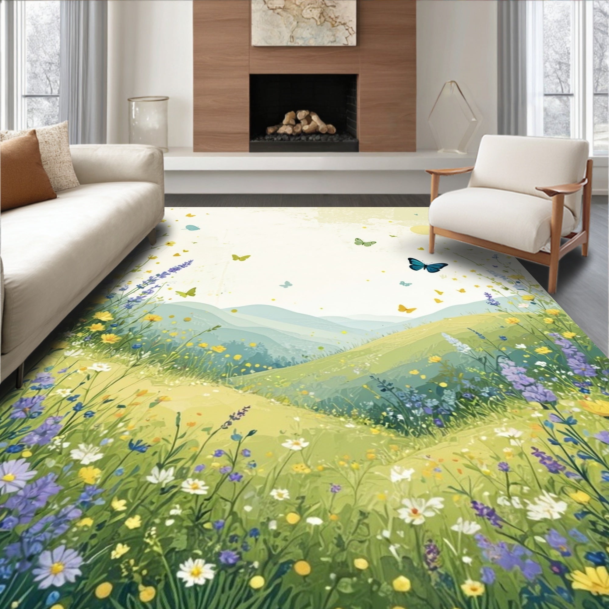 Meadow Butterflies Floral Landscape Art Rug