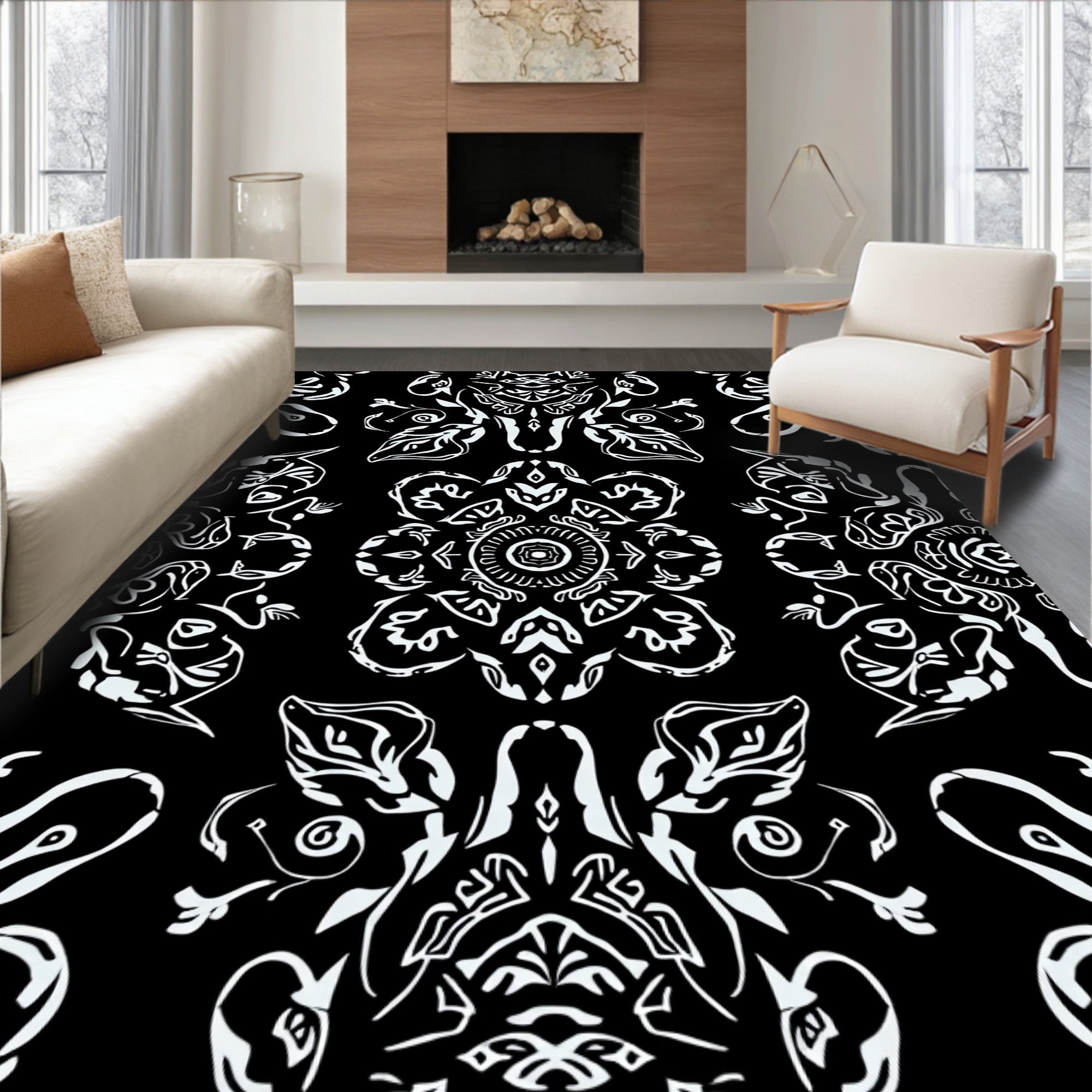 Intricate Floral Mandala Pattern Black White Rug