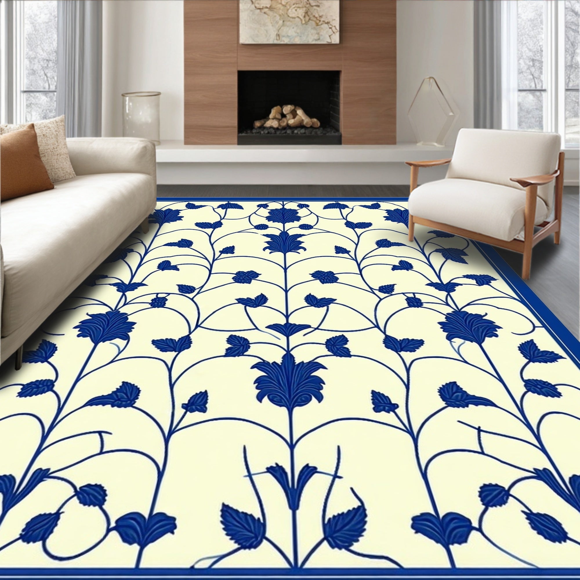Classic Blue Floral Vine Pattern Rug