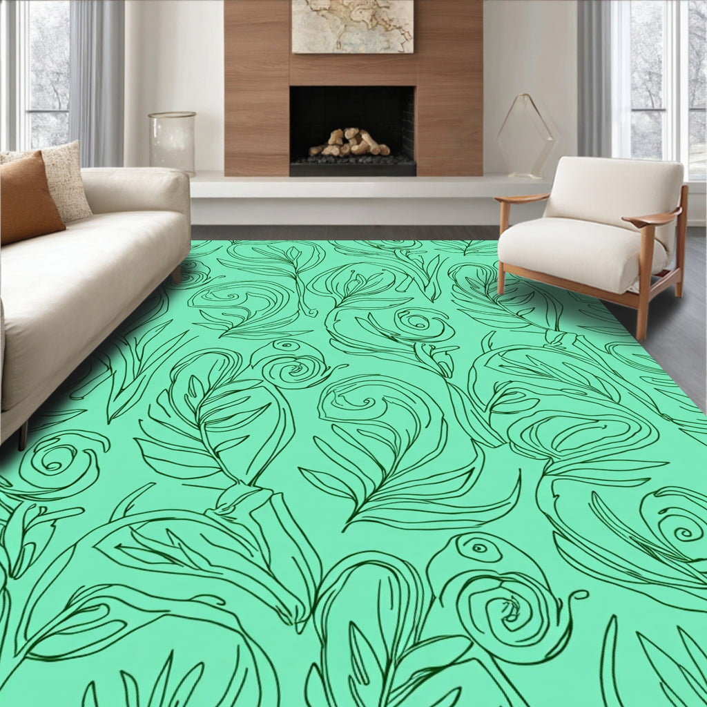 Teal Leafy Swirl Line Art Rug